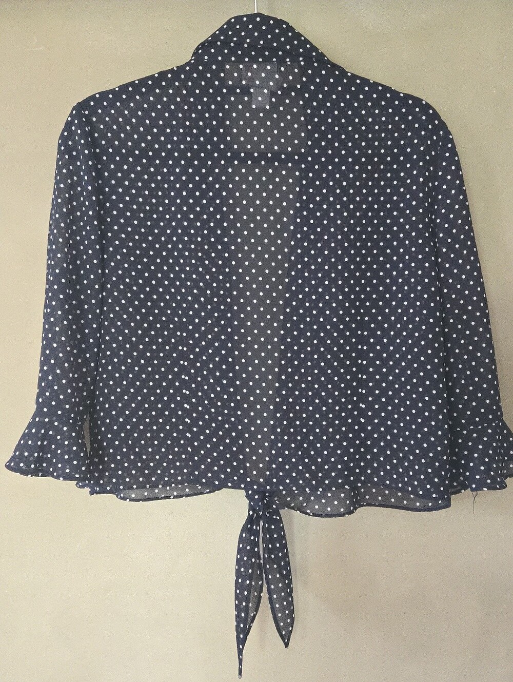 Vintage Joseph Ribkoff | Navy & White Polka Dot Tie-Front Sheer Blouse, Size 8 - Picture 3 of 6